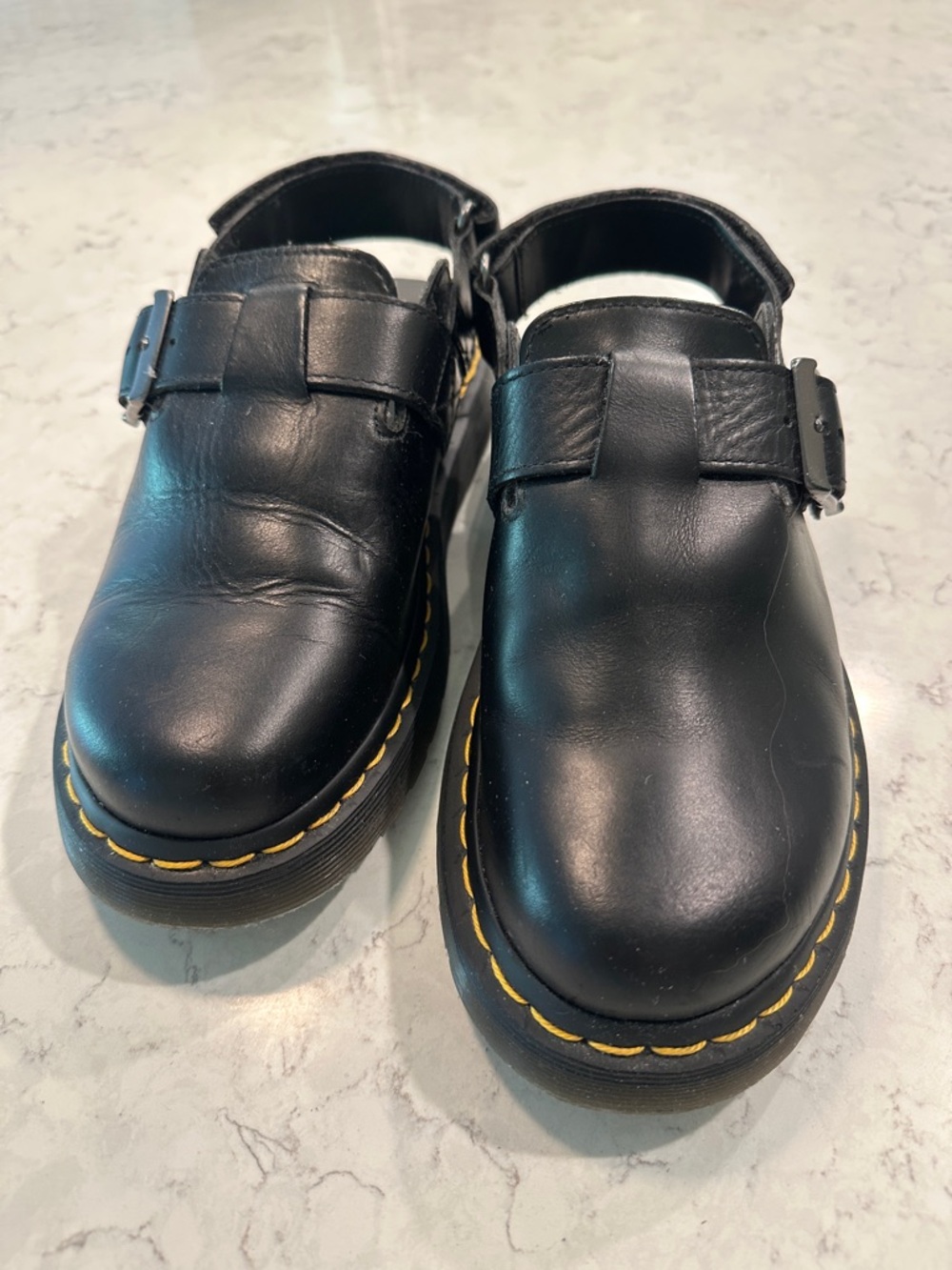 Dr. Martens Jorge II Black Leather Buckle Sandals with Yellow Stitching